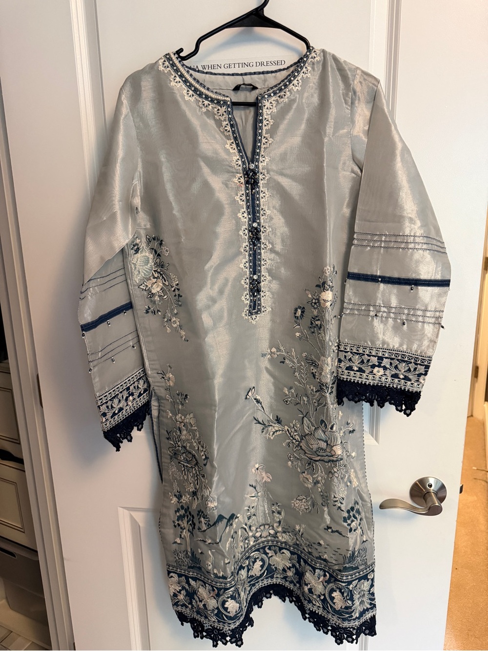 Girls Silver and Navy Embroidered Party Dress